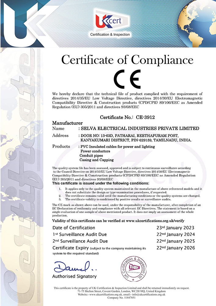 SELVA ELECTRICAL INDUSTRIES PRIVATE LIMITED-- UKCERT CE MARK (LVD & EMC) CONSTRACTION CE-3912